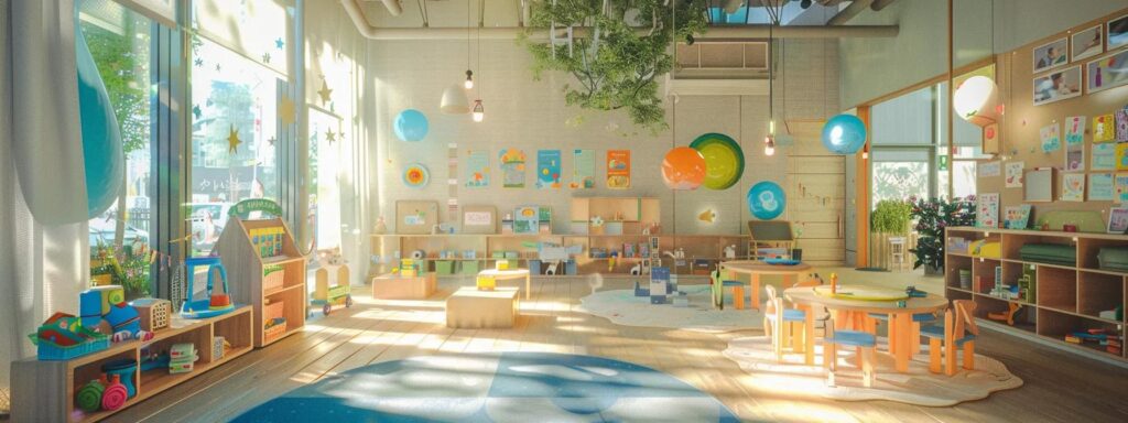a vibrant, well-organized daycare classroom bustling with engaged children participating in play-based learning activities, featuring colorful educational materials and a cozy, inviting atmosphere that promotes creativity and confidence.